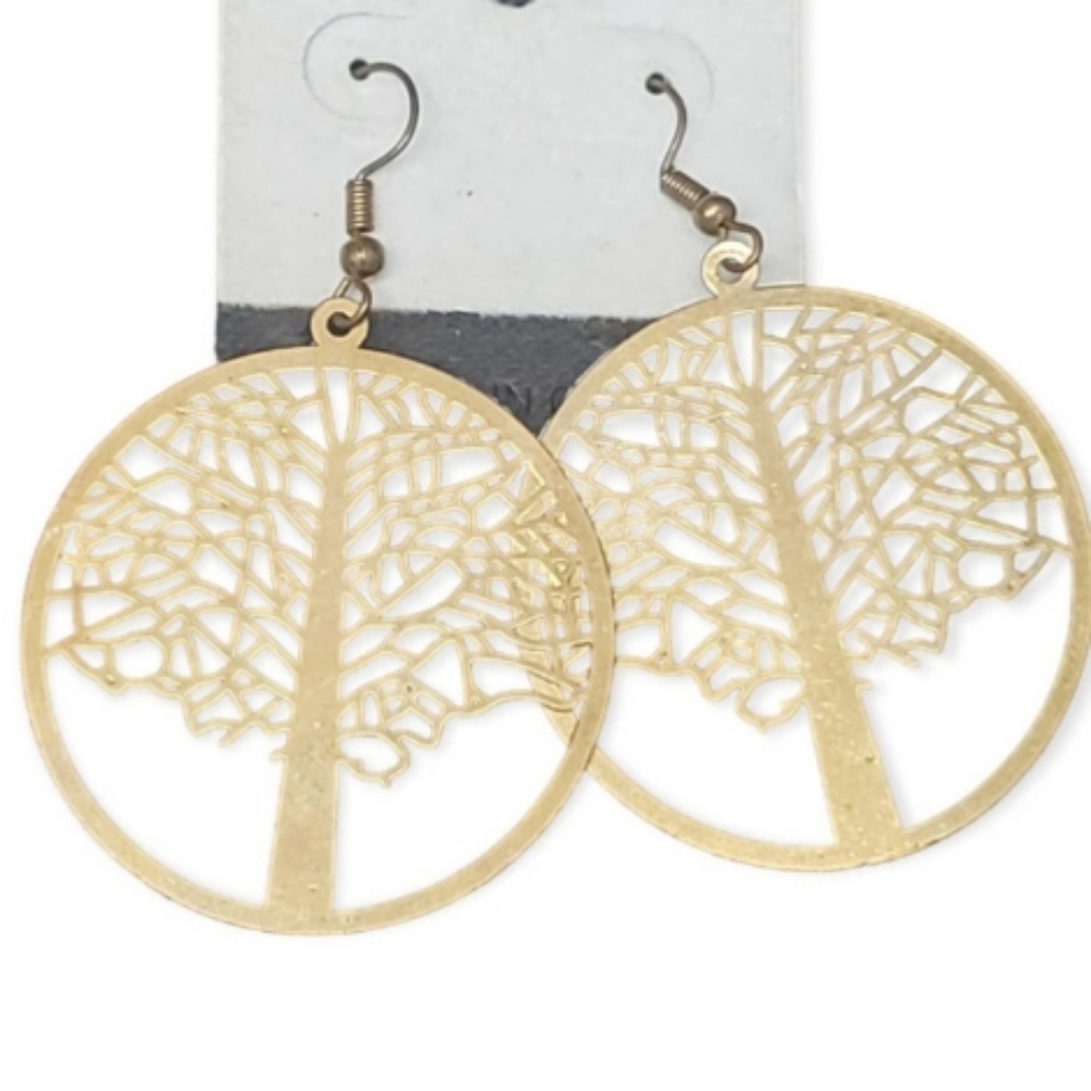 Gold tone Tree of Life Earrings Pierced Ear wires Lg 2" Hypoallergenic NEW NWT